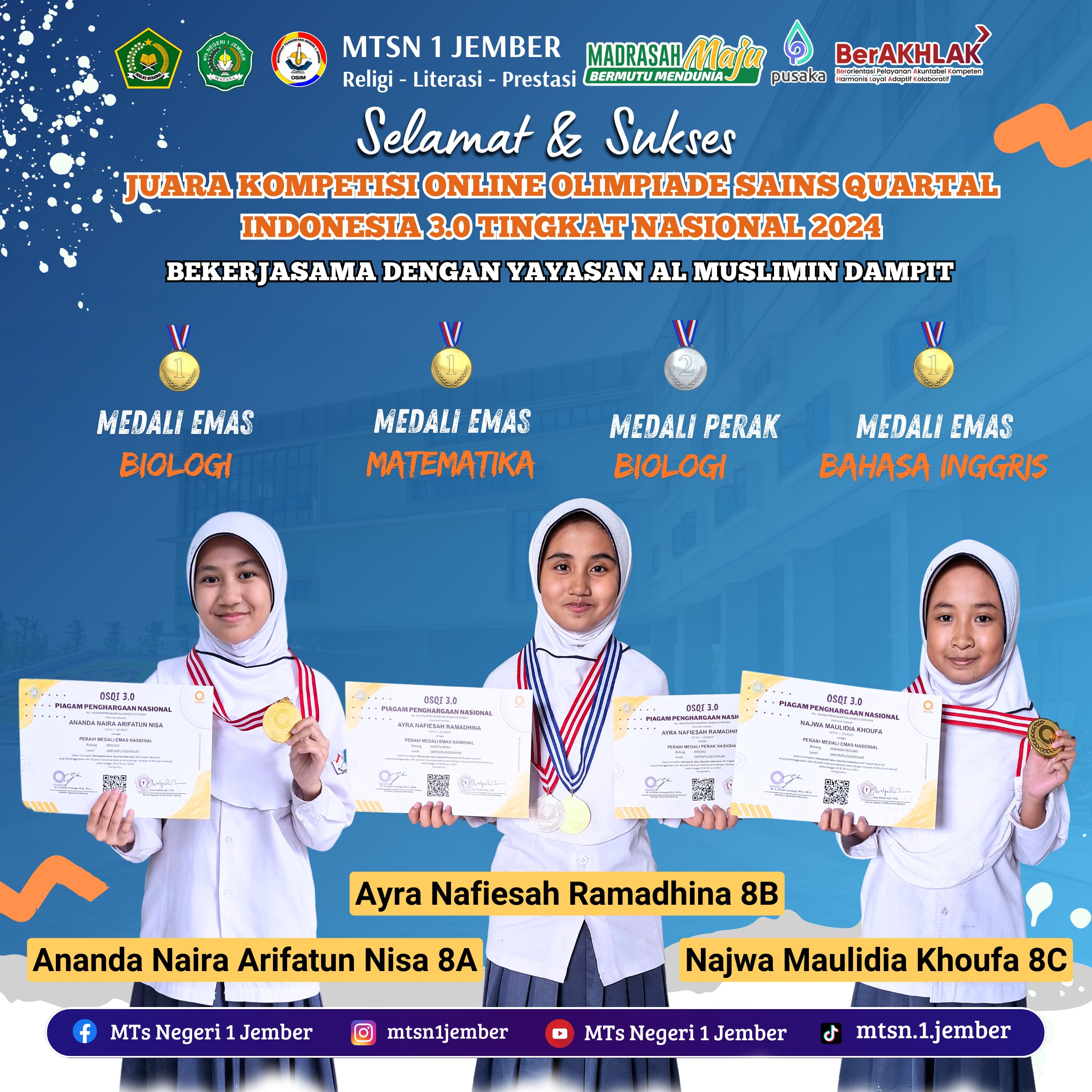 3 SISWI MATASA JEMBER BOYONG 3 MEDALI EMAS TINGKAT  NASIONAL