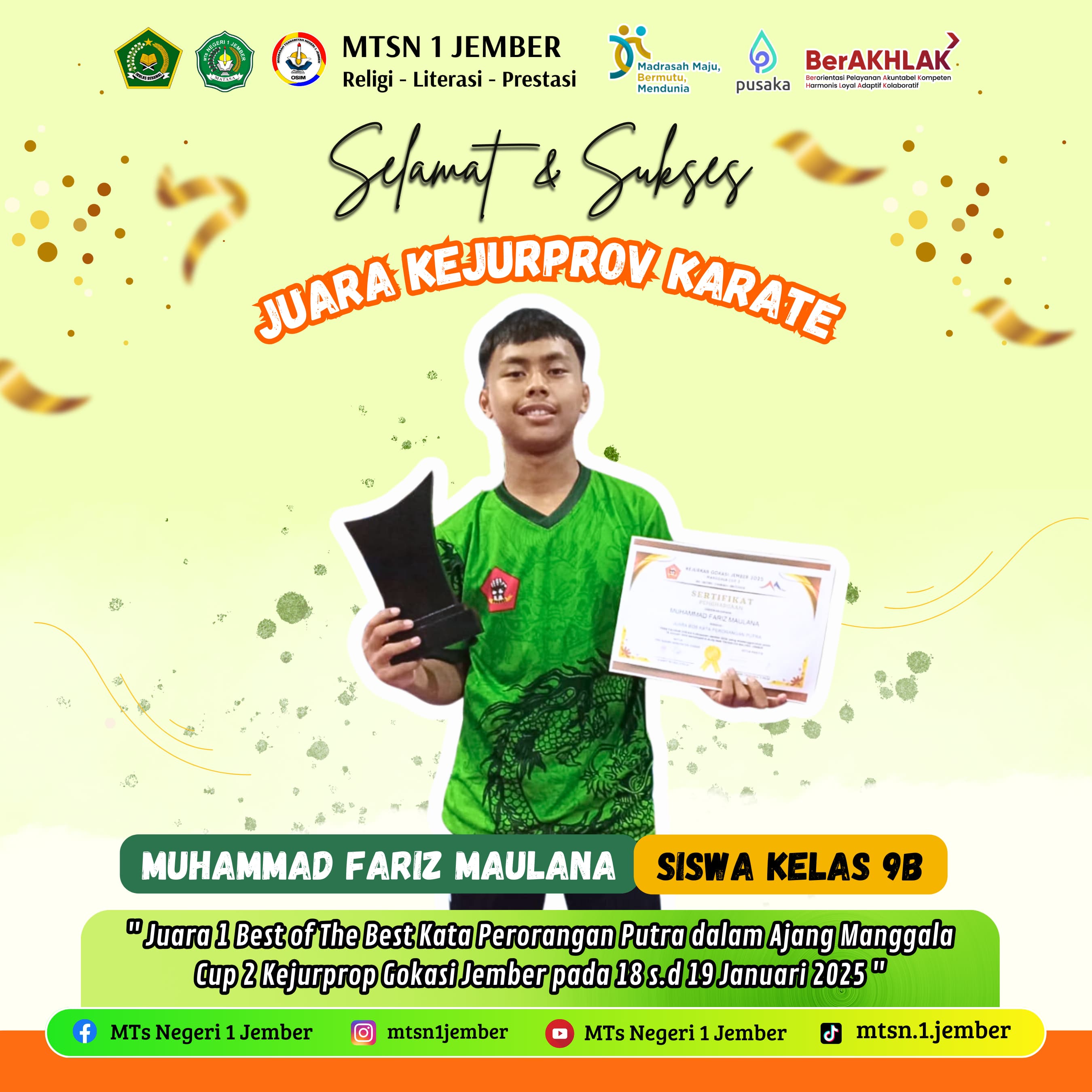 FARIZ JUARAI KEJURPROV KARATE TINGKAT KABUPATEN JEMBER TAHUN 2025