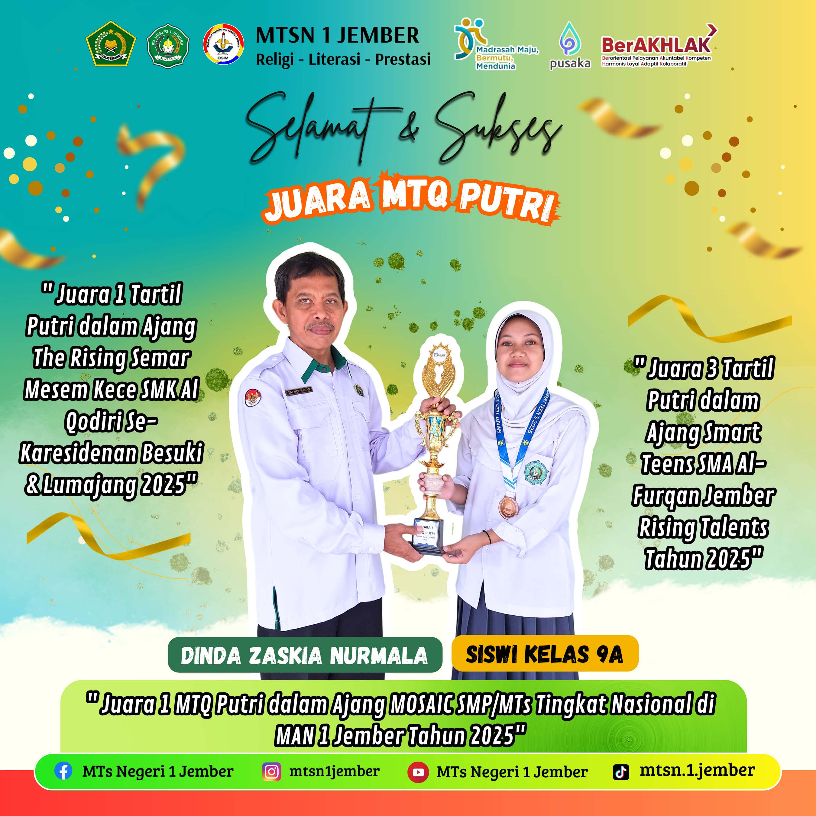 SISWI MATASA JEMBER KEMBALI BORONG 3 JUARA MTQ TINGKAT NASIONAL 2025