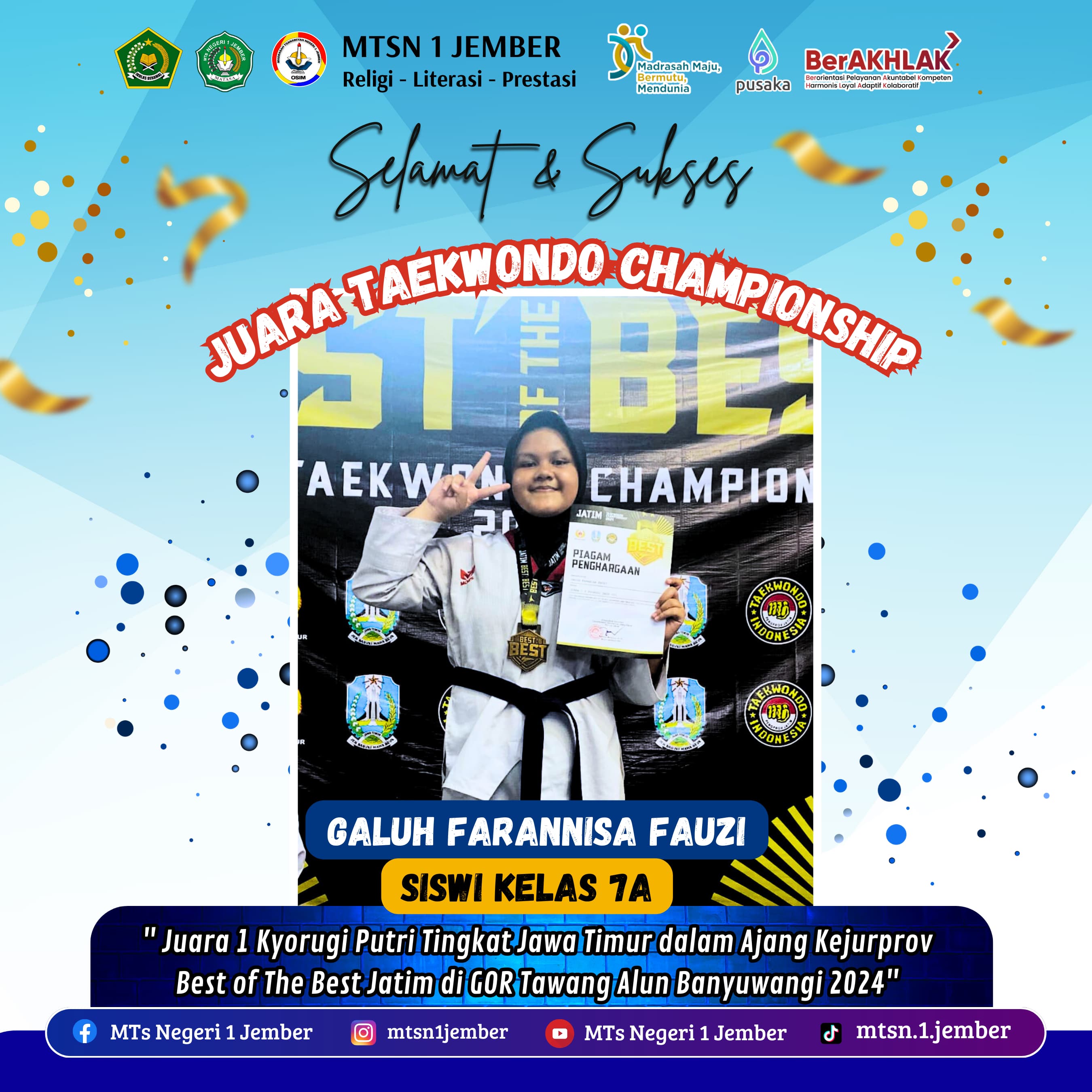 SISWI KELAS 7 MATASA JEMBER JUARA TAEKWONDO  TINGKAT JATIM